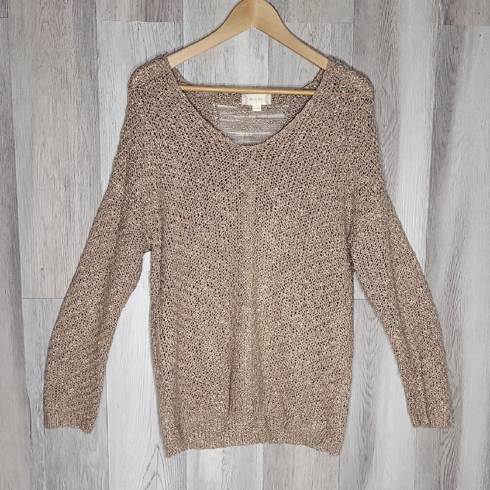 Altar'd State Womens‎ S Distressed Sweater Blouse Open Knit Oversized Tan Soft